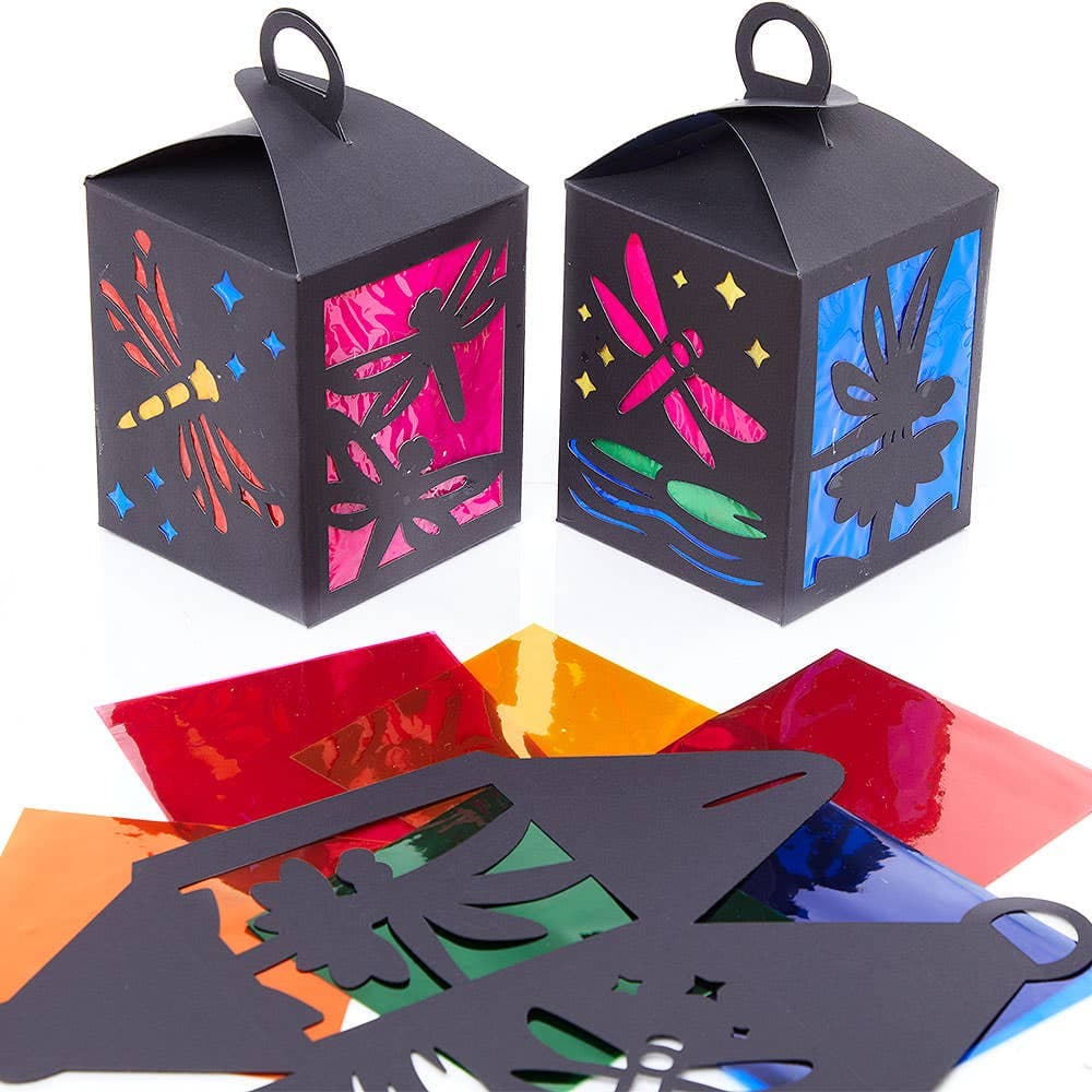 Dragonfly Stained Glass Lantern Kits (Pack of 4) 6 cellophane colours - Pink, Green, Yellow, Orange, Purple & Blue