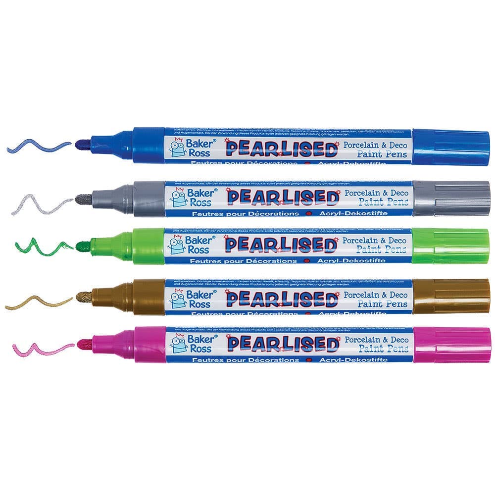 Pearlised Porcelain & Deco Paint Pens Pack B (Pack of 5) 5 assorted colours - Blue, Light Green, Pink, Gold & Silver