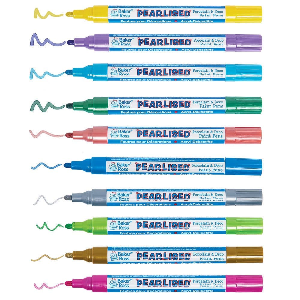 Pearlised Porcelain Paint Pens Bumper Pack (Pack of 10) 10 assorted pearlised colours - Dark Green, Yellow, Turquoise, Purple, Red, Blue, Light Green, Pink, Gold & Silver