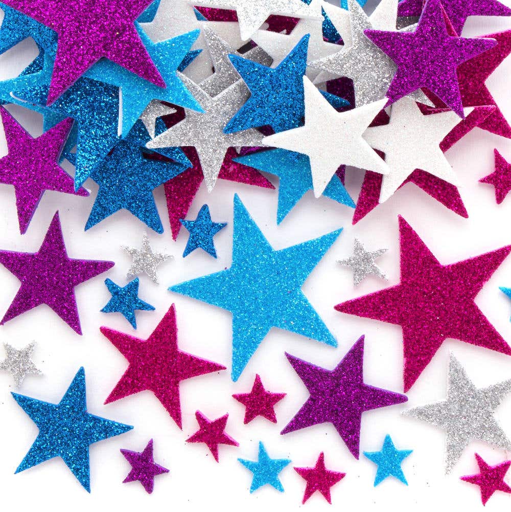 Winter Glitter Star Foam Stickers (Pack of 195) Christmas Craft Supplies, 6 Assorted Colours, Sparkly Stickers