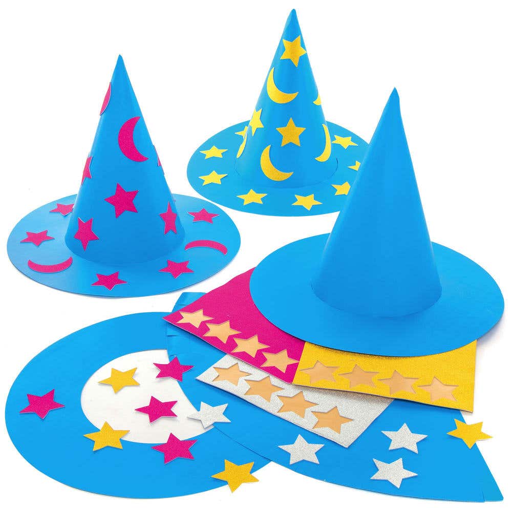 Wizard Hat Kits (Pack of 3) Halloween Crafts, Card & Foam, Hat Size 20cm, Assorted Sticker Colours