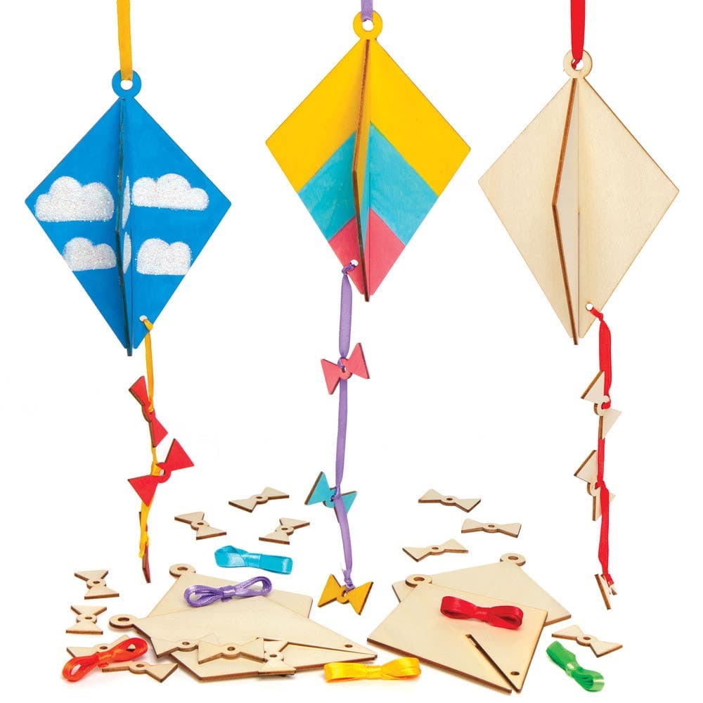 Wooden 3D Kites (Pack of 6) Decorate Your Own, 6 Assorted Ribbon Colours, Size 16cm, Crafts For Kids