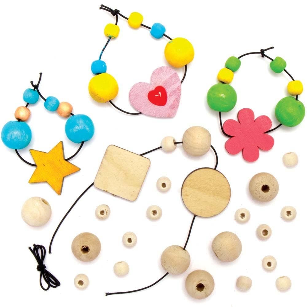 Wooden Bead Bracelet Kits (Pack of 5) Beads, Elastic & 5 Pendant Shapes Included, Jewellery Making For Kids