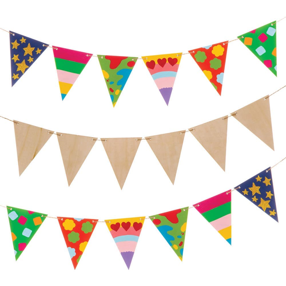 Wooden Bunting (Per Pack) 15 Flags To Personalise & Decorate, Natural Product, 15cm x 12cm