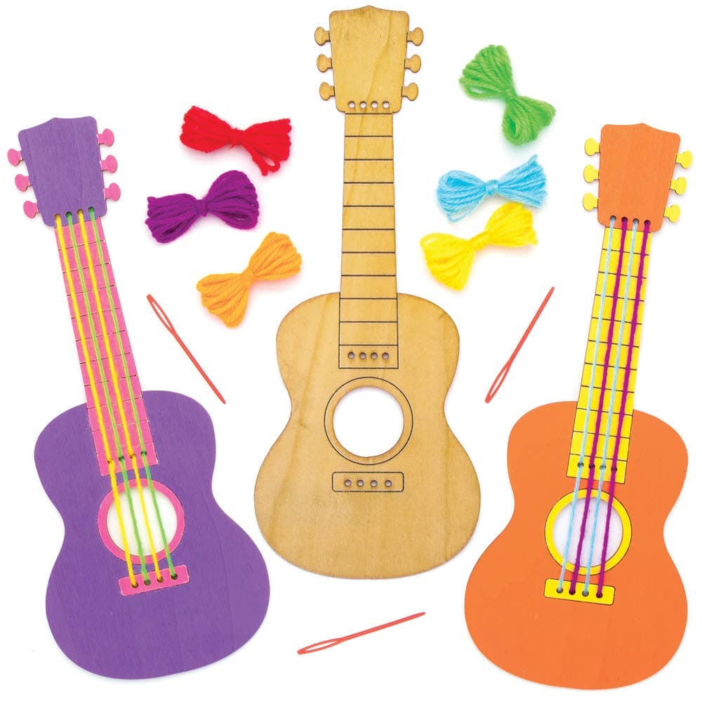 Wooden Guitar Kits (Pack of 3) Art Craft Kits, 6 Assorted Thread Colours, No Glue Required, Length 30cm