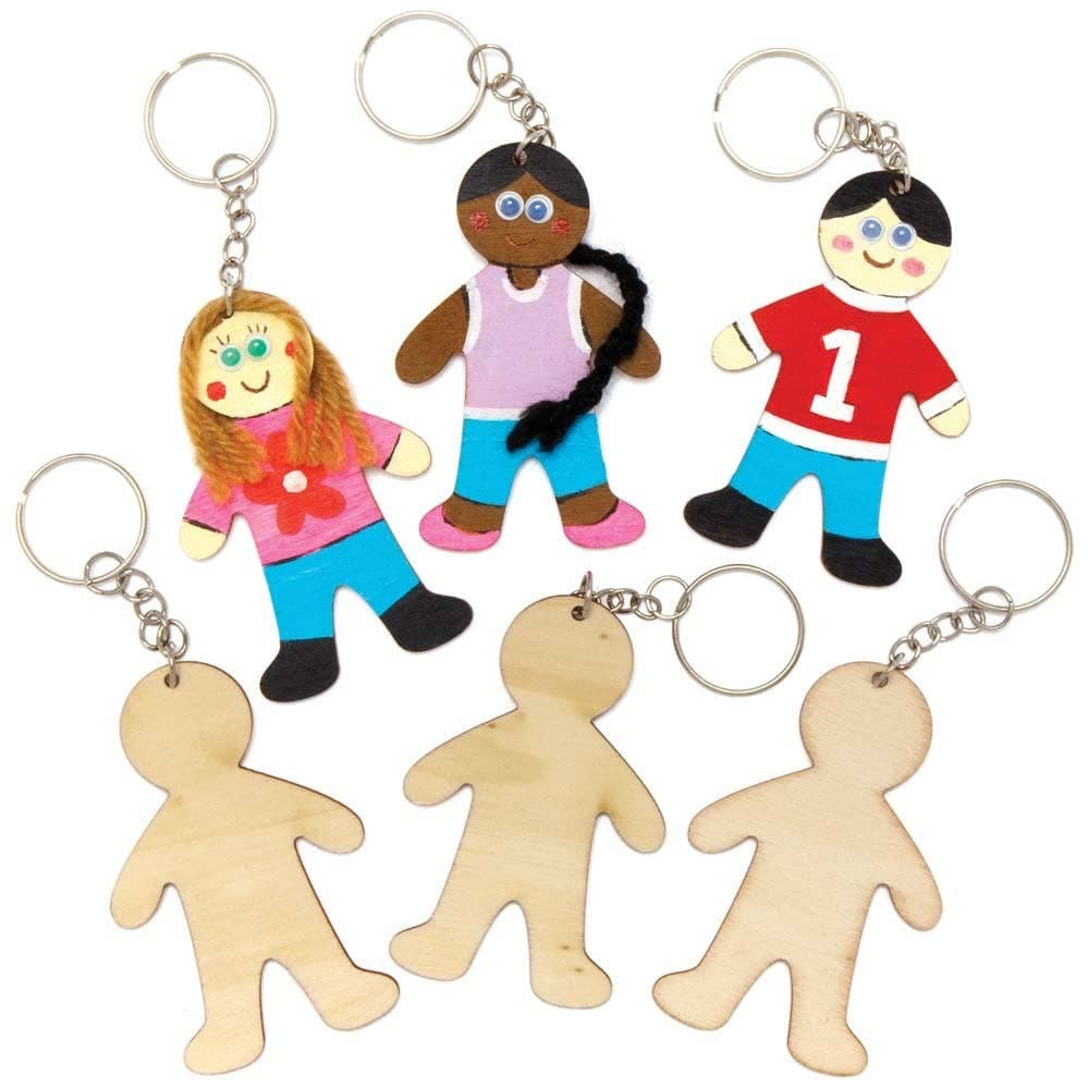 Wooden Person Keyring Blanks (Pack of 10) Height 7.5cm, Decorate Your Own, Split Rings Included