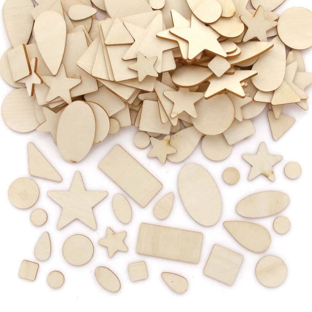 Wooden Shapes Value Pack (Pack of 180) 7 Assorted Shapes, Sizes 10mm-50mm, Plywood 1mm Thick