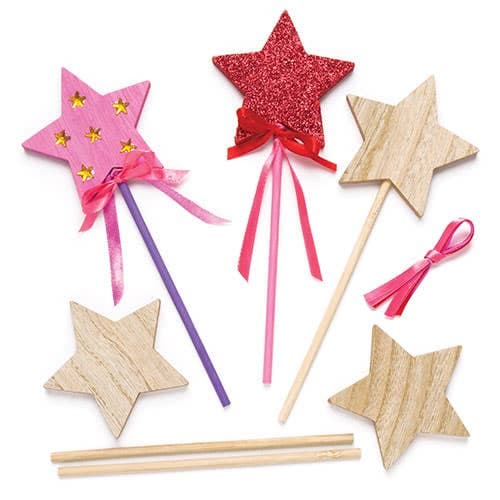 Wooden Star Magic Wands (Pack of 6) Craft Kits For Kids, Ribbon Included, Paint & Design, 20.5cm