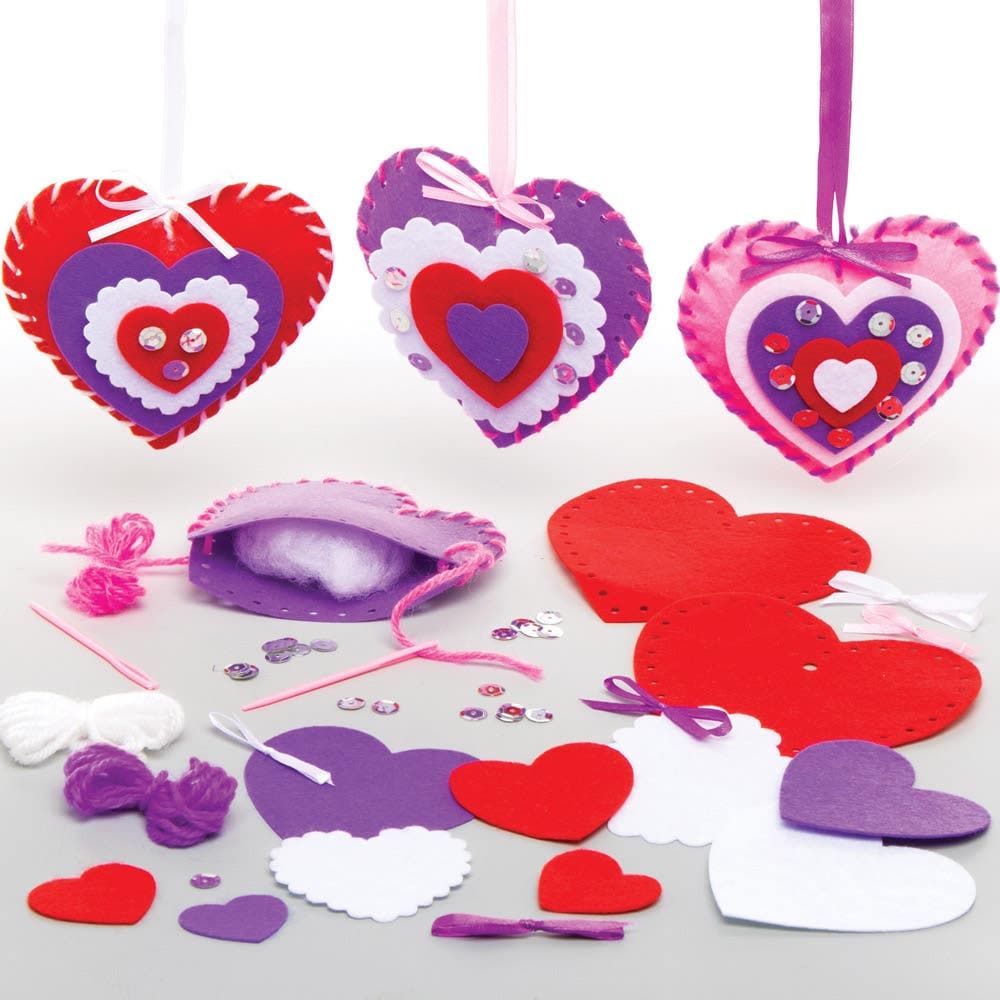 Heart Decoration Sewing Kits (Pack of 3) 3 Assorted Designs, Felt Shapes, Sequins, Stuffing & More Included