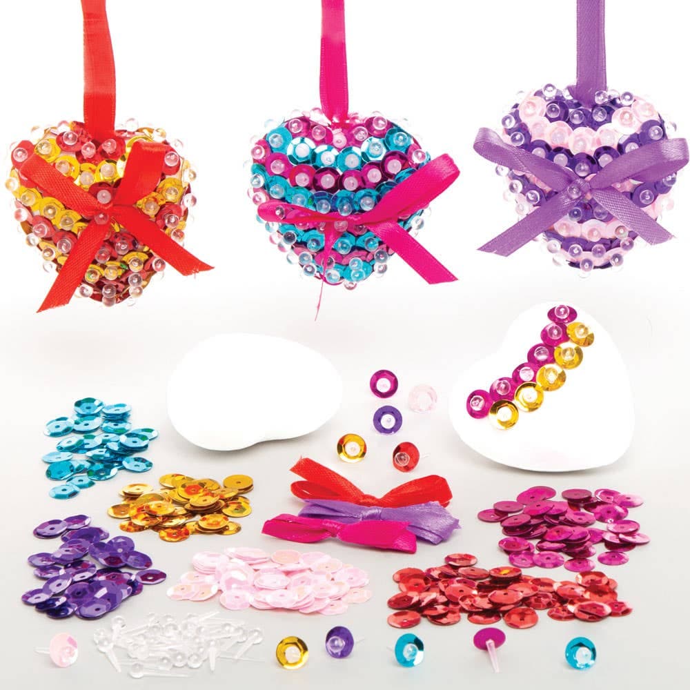 Heart Sequin Decoration Kits (Pack of 3) Decoration Craft Kits 3 assorted colourways - Pink/Blue, Yellow/Red & Purple/Pink
