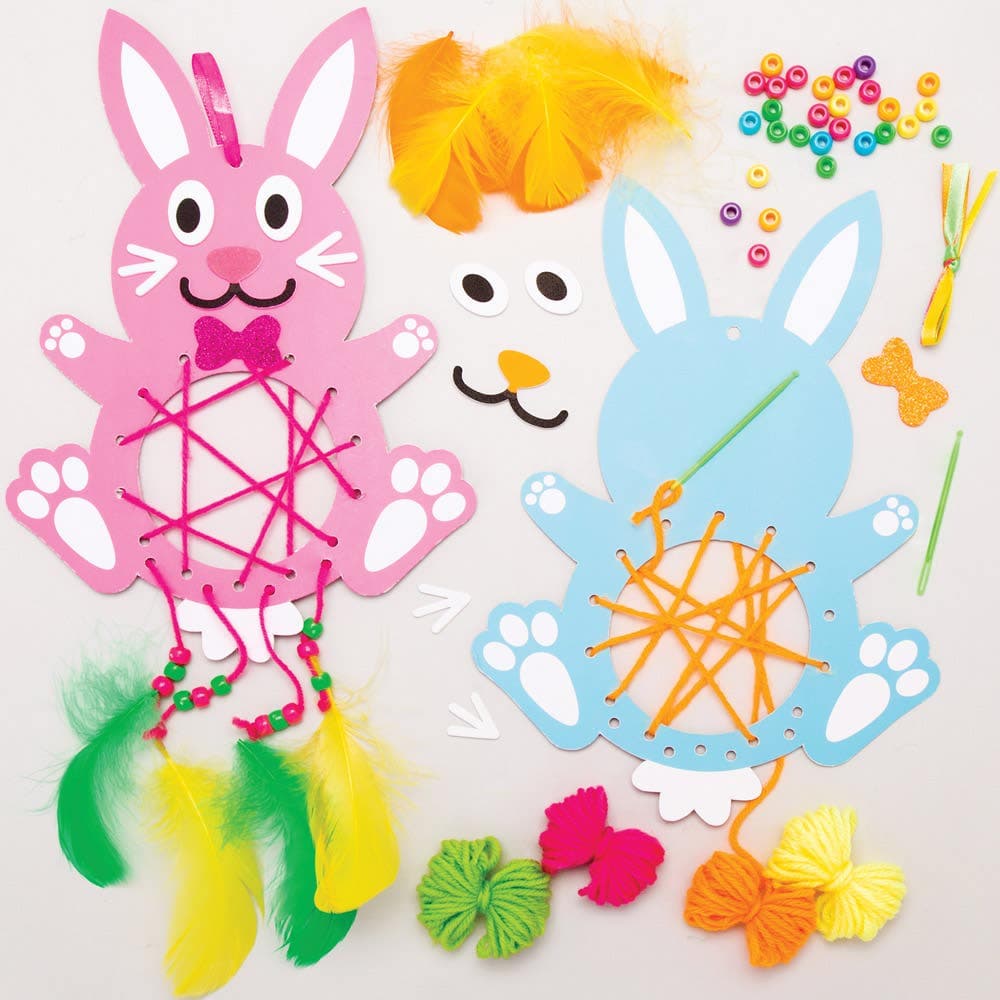 Easter Bunny Dreamcatcher Craft Kits (Pack of 4) 6 Assorted Feather Colours, 4 Assorted Designs