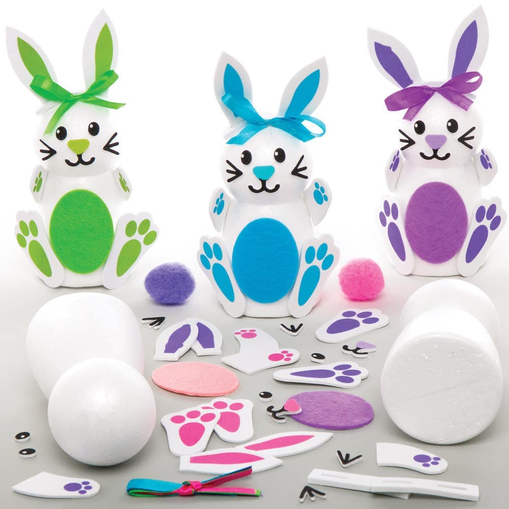 Build a Bunny Kits (Pack of 4) Easter Crafts For Kids, 4 Assorted Colours, 16cm Tall, Pom Poms, Ribbon & Foam Pieces Included