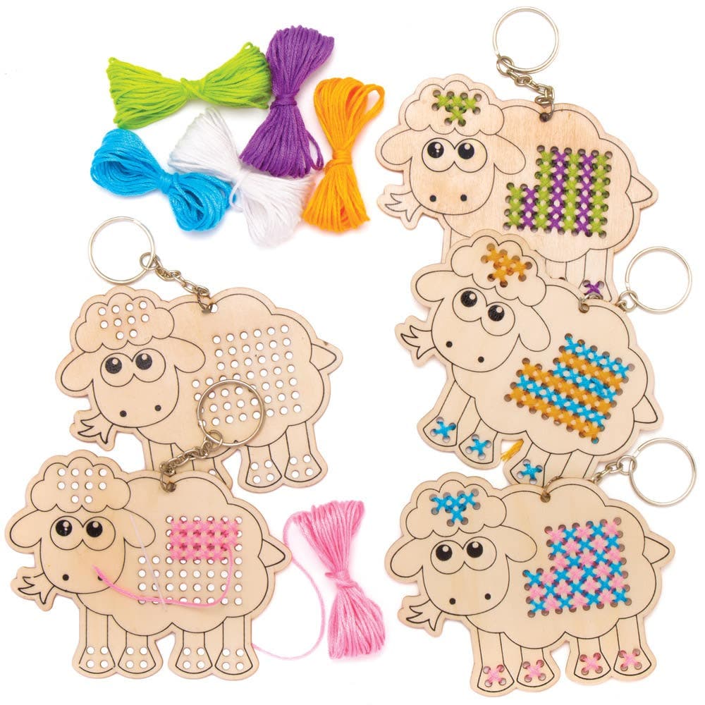 Fluffy Sheep Wooden Cross Stitch Keyring Kits (Pack of 5) 6 Assorted Thread Colours, Size 11cm x 9cm, Beginners Kits