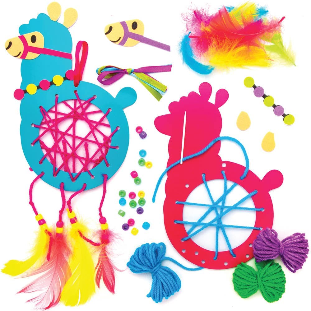 Lovely Llama Dreamcatcher Kits (Pack of 4) Decoration Craft Kits 5 assorted feather & bead colours - Blue, Green, Pink, Purple & Yellow