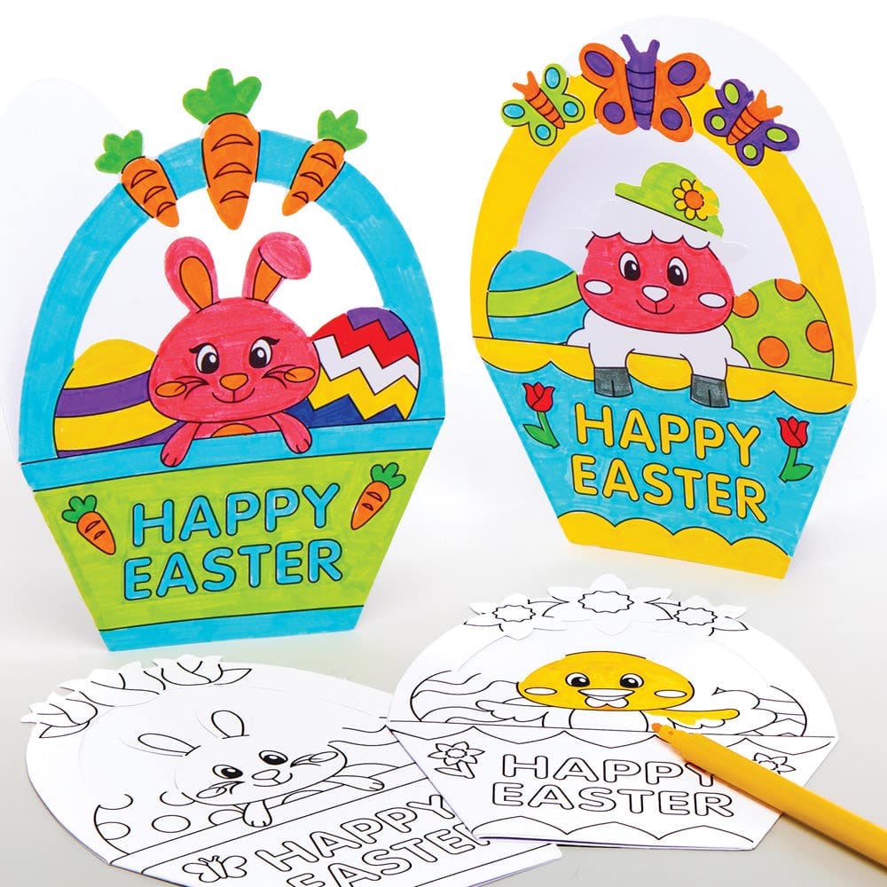 Easter Basket Colour-in Greeting Cards (Pack of 10) 5 Assorted Designs, Folded Card 12cm x 16cm