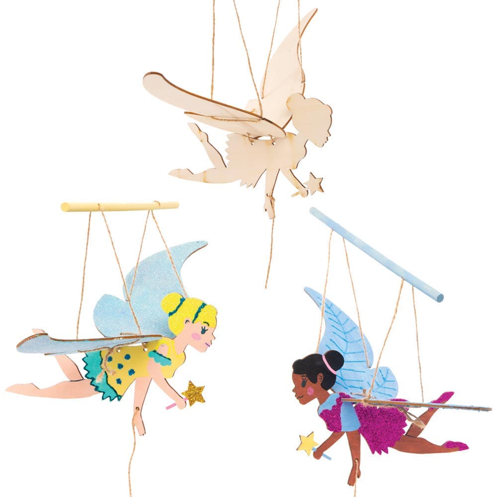 Fairy Wooden Flying Puppet Kits (Pack of 3) 1 Design, 22.5cm Long, Design your Own, Art Craft Kits