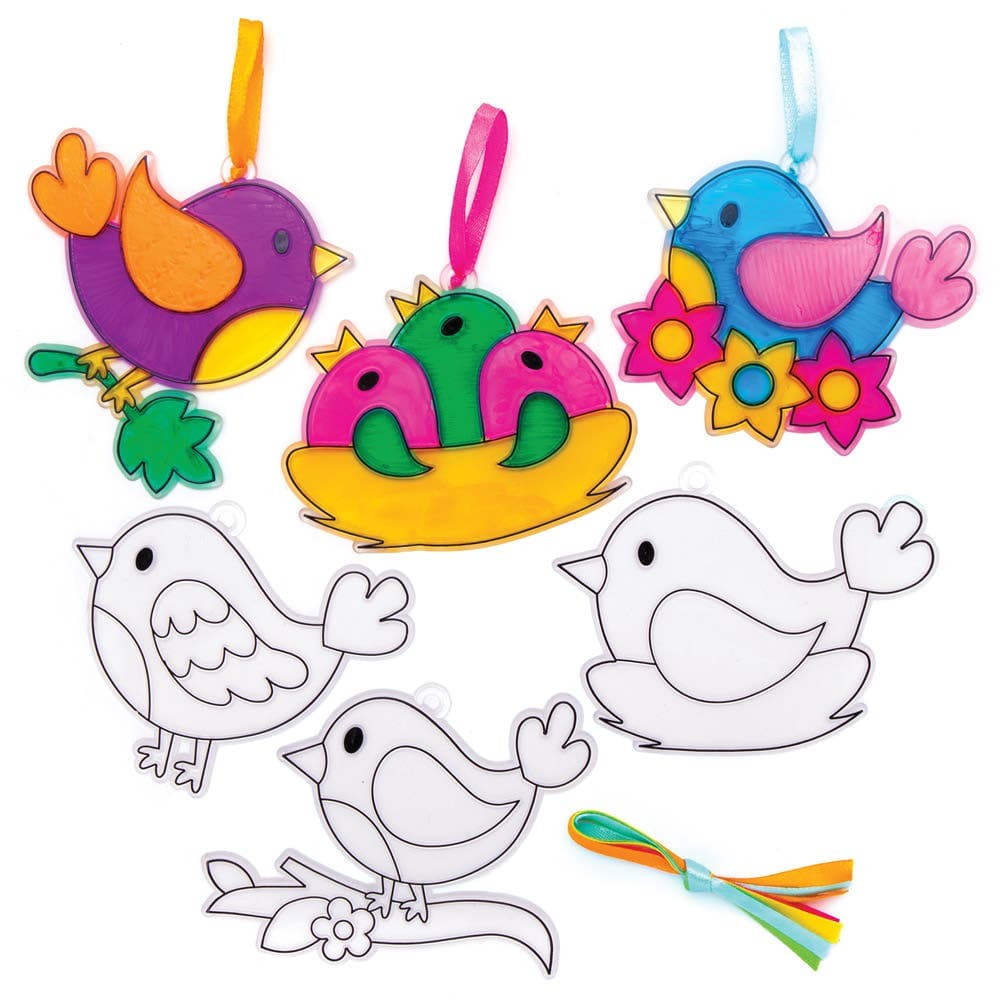 Bird Suncatcher Decorations (Pack of 10) Decoration Craft Kits 5 assorted ribbon colours - Pink, Yellow, Blue, Orange & Green