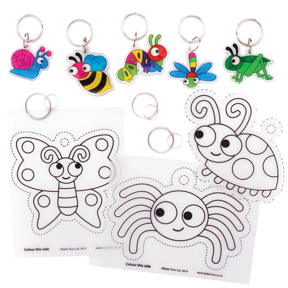 Insect Bug Super Shrink Keyring Kits (Pack of 8) Shrinks 7x Smaller, 8 Assorted Bug Designs & Split Rings Included