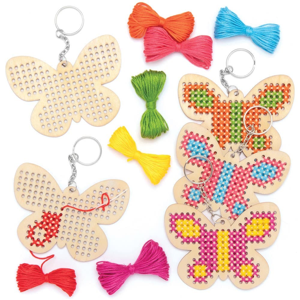 Butterfly Wooden Cross Stitch Keyring Kits (Pack of 5) 7 Thread Colours & Plastic Needles Included, 10cm x 7.5cm Size, Beginner Kits