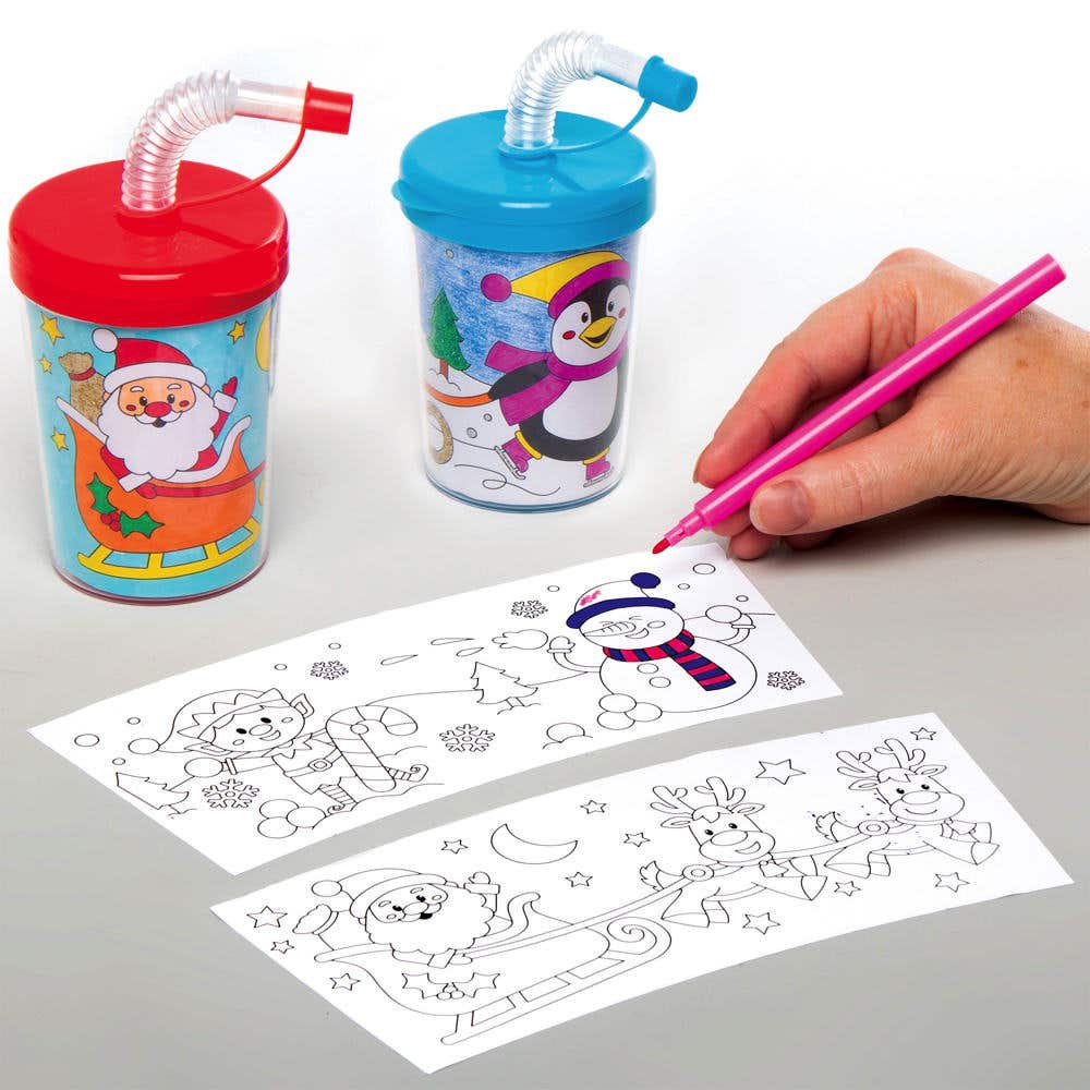 Colour-in Christmas Bendy Straw Cups (Pack of 3) Christmas Crafts 3 assorted lid colours - Green, Red & Blue
