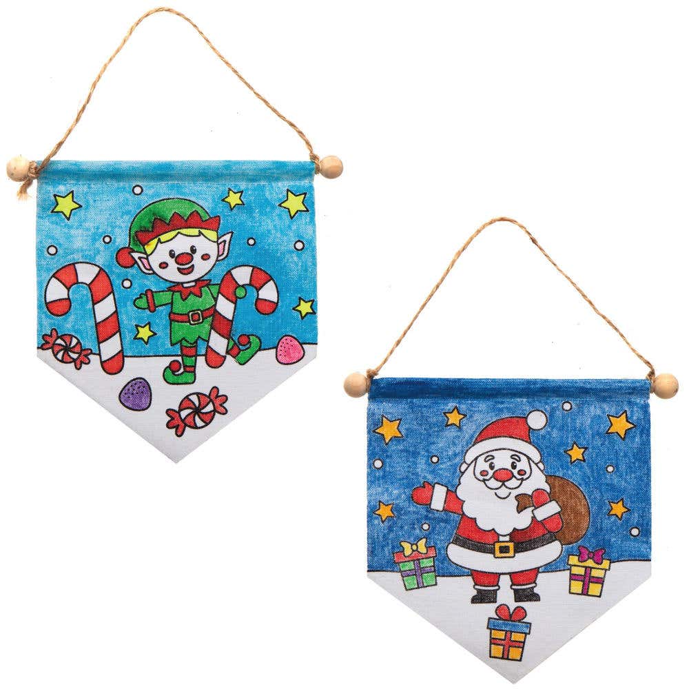 Christmas Colour-in Fabric Banners (Pack of 3) Festive Craft Activity, Use Fabric Pens Or Paints