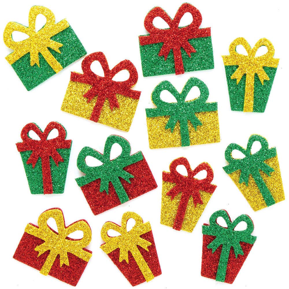 Christmas Present Glitter Foam Stickers (Pack of 96) Christmas Craft Supplies, 3 Colours - Red, Green & Gold
