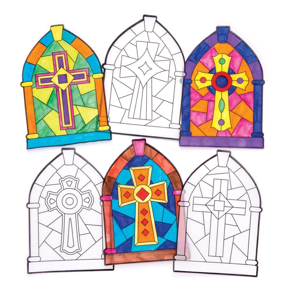 Cross Stained Glass Window Decorations (Pack of 12) Easter Religious Crafts For Kids, 11.5cm x 16.5cm