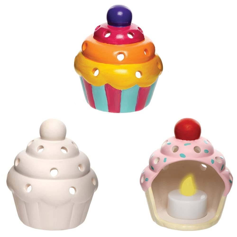 Cupcake Ceramic Tealight Holders (Box of 3) Decorate & Personalise, Size 9.4cm x 8.5cm x 7.8cm, DIY Craft Kits For Kids