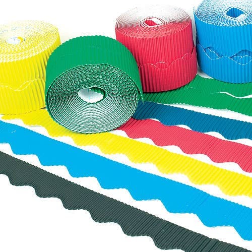 Decorative Corrugated Borders Value Pack (Box of 6 Rolls) Classroom Supplies, Border Size 15m x 5.5cm, 6 Assorted Colours
