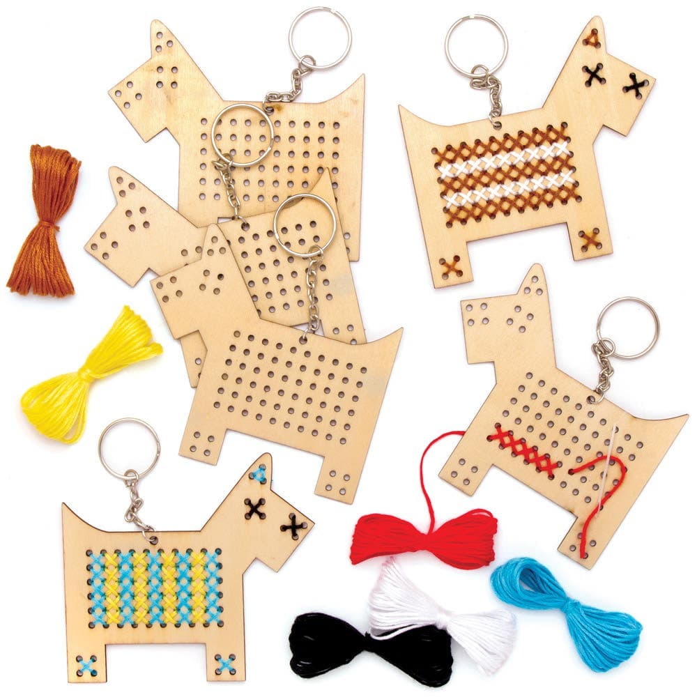 Dog Wooden Cross Stitch Keyring Kits (Pack of 5) Sewing & Weaving Craft Kits 6 assorted thread colours - Brown, Black, White, Blue, Red & Yellow
