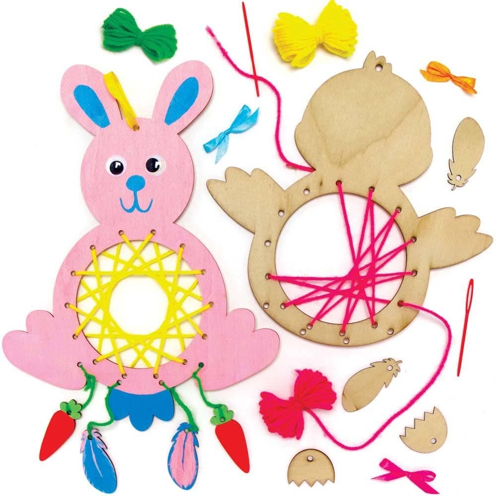 Easter Bunny & Chick Wooden Dreamcatcher Kits (Pack of 4) Self-Assemble & Design, 4 Ribbon Colours
