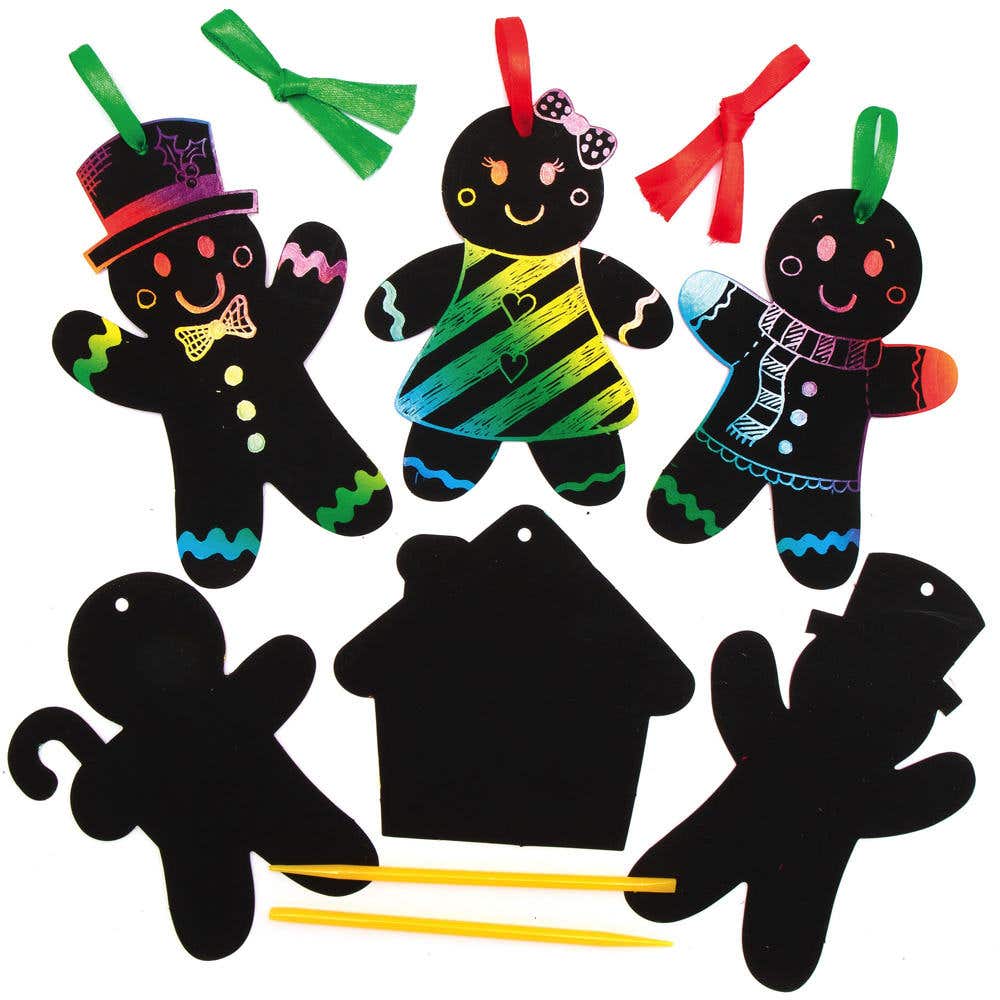 Gingerbread Man Scratch Art Hanging Decorations (Pack of 10) Great For Christmas, Tools Included