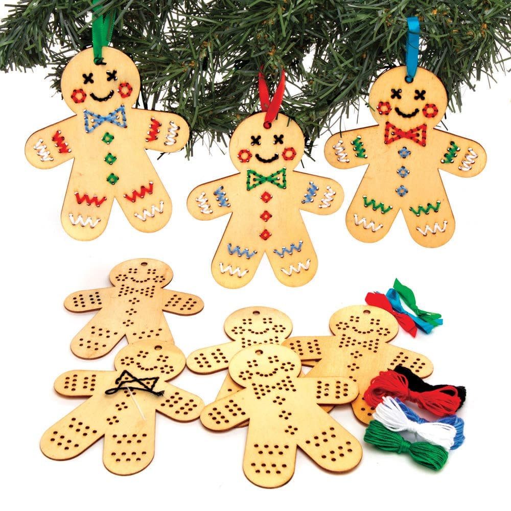 Gingerbread Wooden Threading Decoration Kits (Pack of 5) Christmas Crafts 5 assorted thread colours - Red, Green, Blue, White & Black