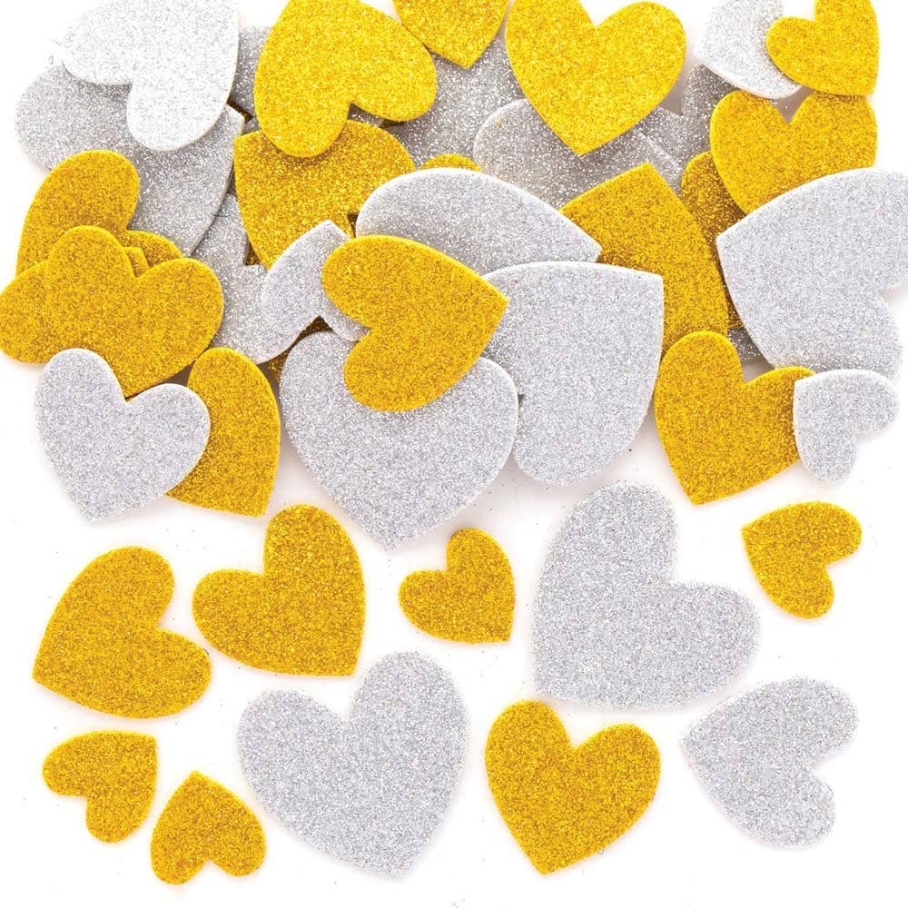 Gold & Silver Glitter Heart Foam Stickers (Pack of 150) Stickers 2 Colours - Gold & Silver