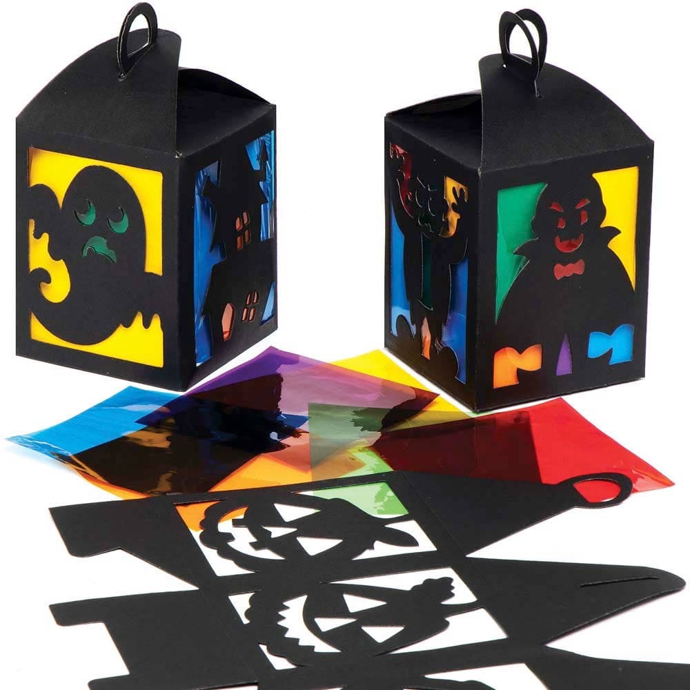 Halloween Stained Glass Lantern Kits (Pack of 4) 6 Assorted Cellophane Colours, 4 Halloween Designs