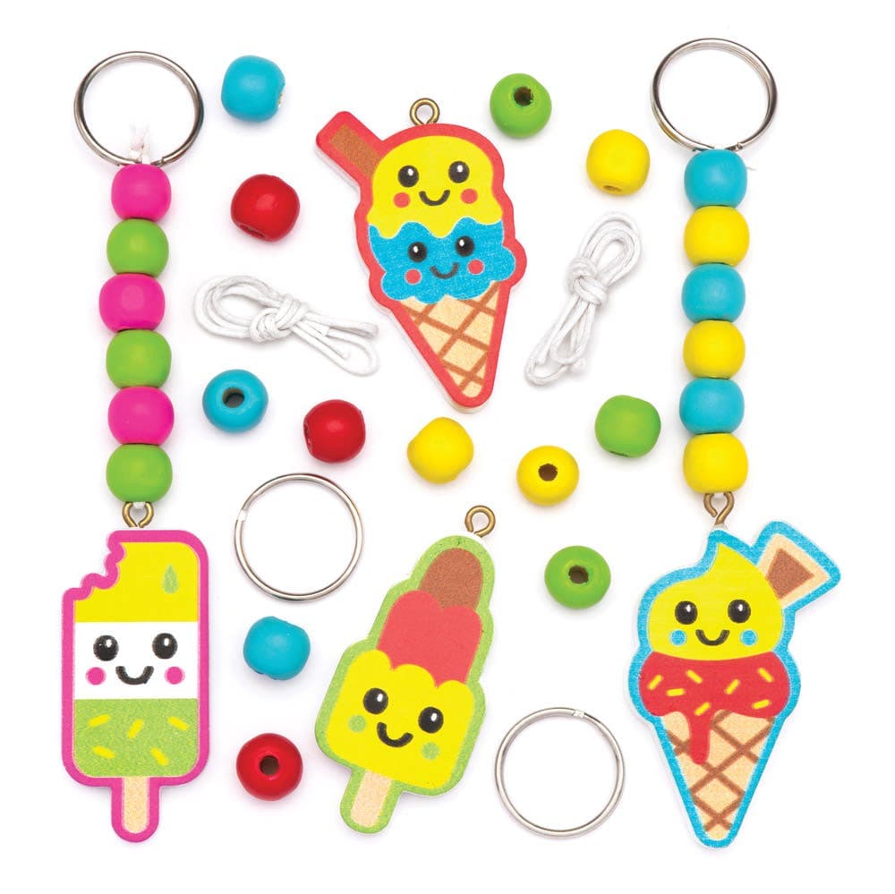 Ice Cream Wooden Keyring & Bag Dangler Kits (Pack of 4) Craft Kits For Kids 4 assorted colourways - Green/Yellow, Blue/Red, Pink/Green & Blue/Yellow