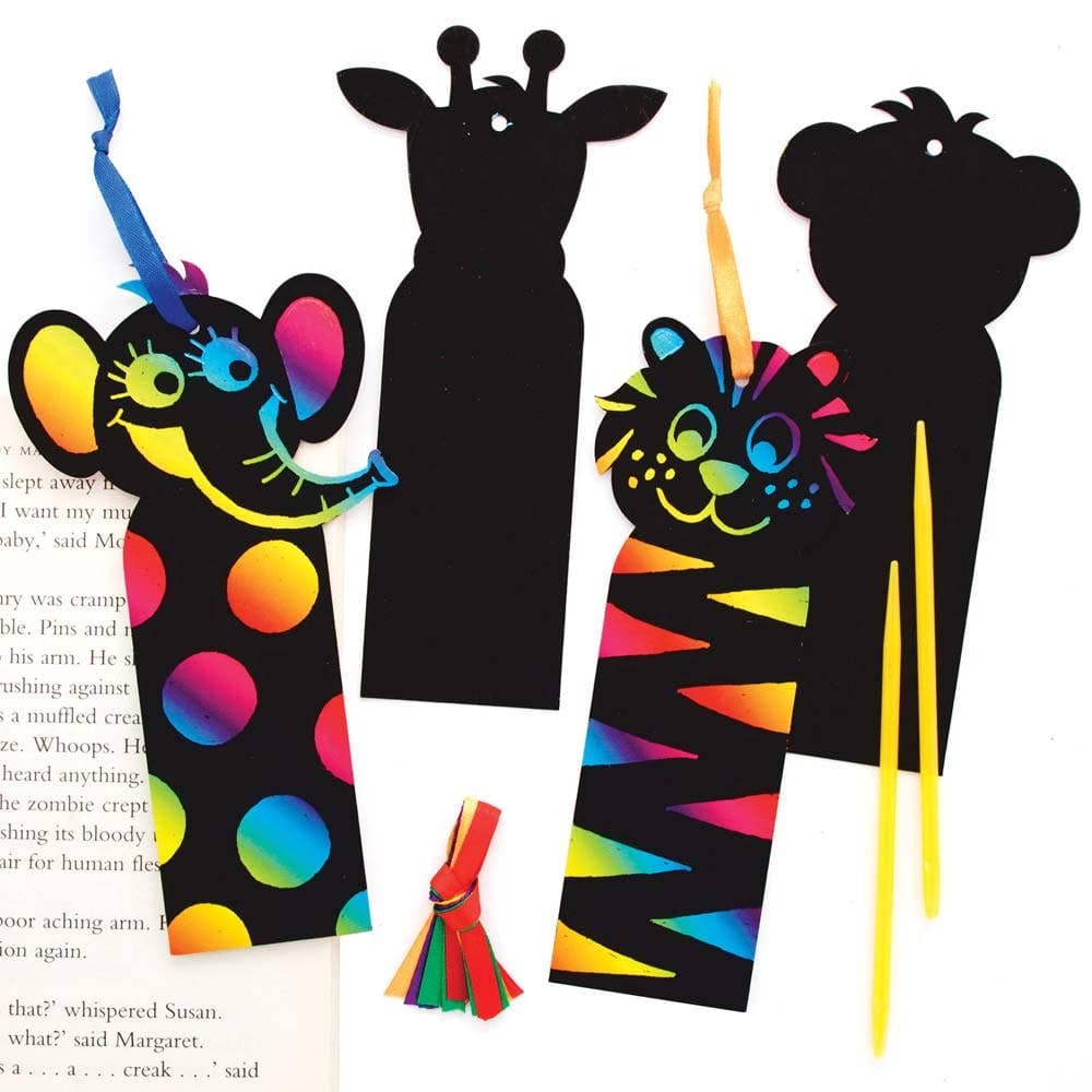 Jungle Animal Scratch Art Bookmarks (Pack of 12) Rainbow Coloured, Scratch Tools Included