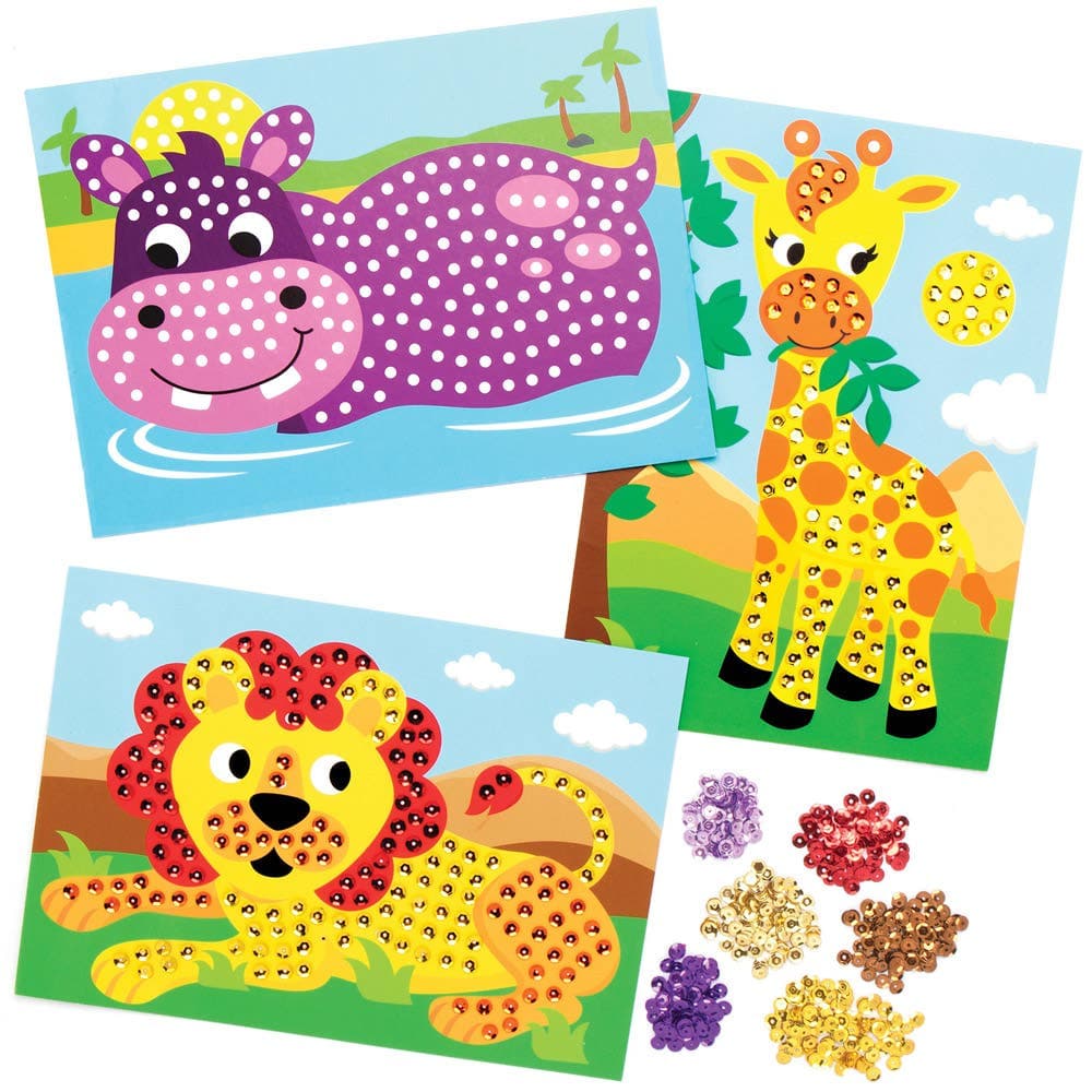 Jungle Animal Sequin Picture Kits (Pack of 4) Craft Kits For Kids 6 assorted colour sequins - Brown, Yellow, Orange, Purple, Pink & Red