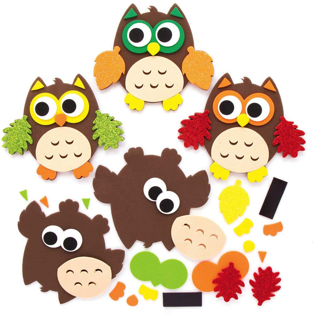 Leafy Owl Mix & Match Magnet Kits (Pack of 8) Art Craft Kits 4 assorted foam leaf colours - Yellow, Orange, Red & Green