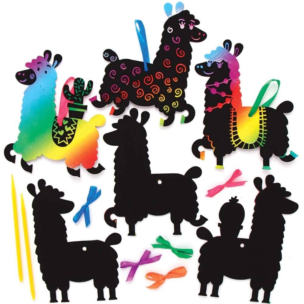 Llama Scratch Art Decorations (Pack of 10) Rainbow Colour, Decorate & Personalise, Tools Included