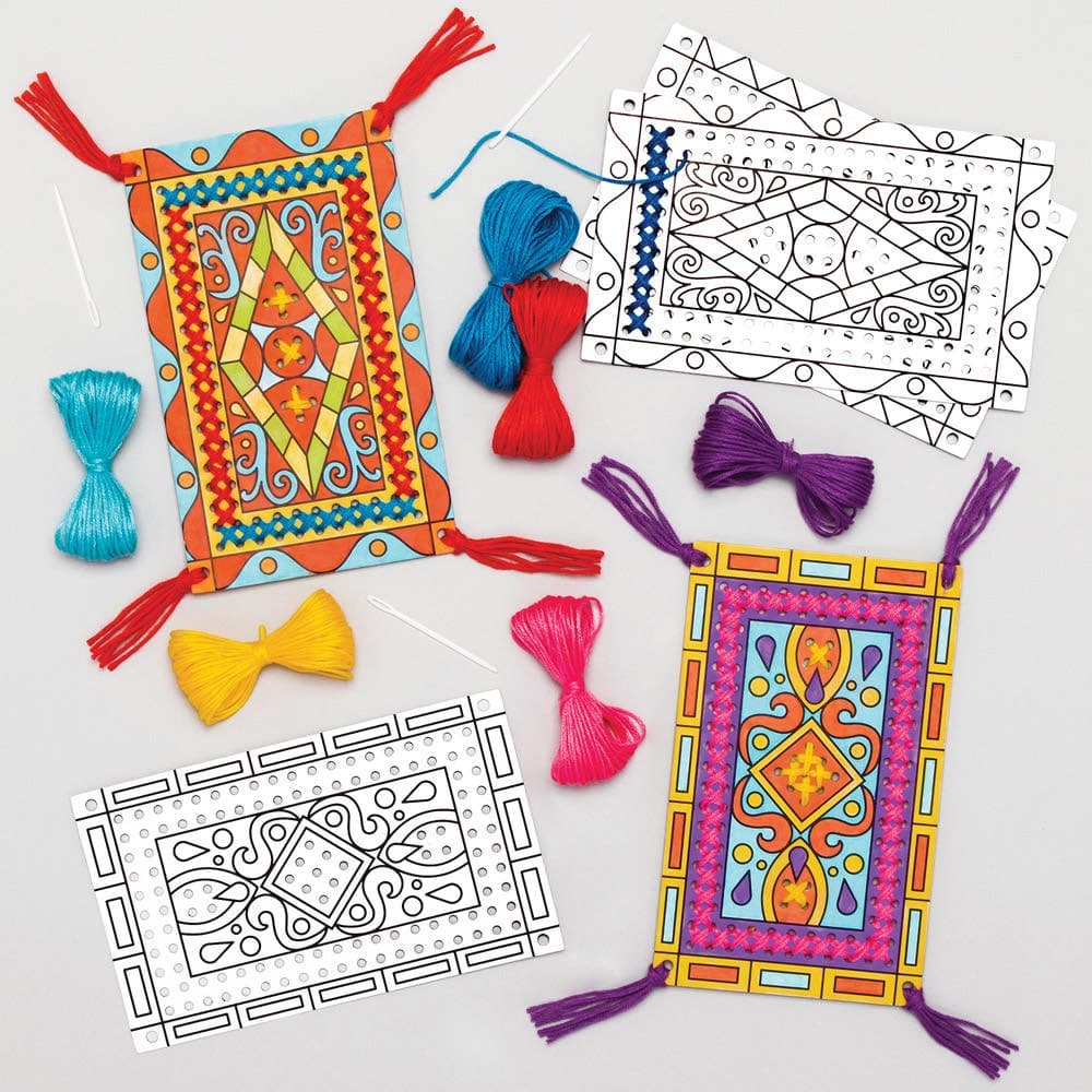 Magic Carpet Colour-in Cross Stitch Kits (Pack of 5) Sewing & Weaving Craft Kits 6 assorted thread colours - Light Blue, Dark Blue, Yellow, Purple, Red & Pink