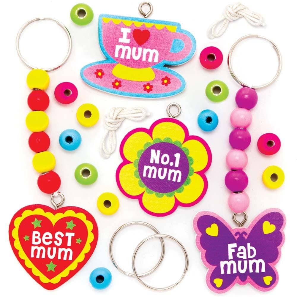 Mother's Day Wooden Keyring & Bag Dangler Kits (Pack of 4) Craft Kits For Kids, 7 Bead Colours, Split Rings Included