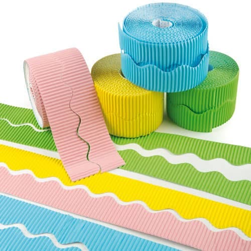 Pastel Corrugated Borders Value Pack (Box of 6 rolls) Classroom Craft Supplies 4 assorted colours - Canary Yellow, Spring Green, Pastel Pink and Sky Blue