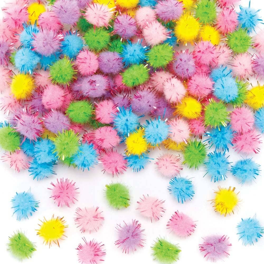 Pastel Self-Adhesive Glitter Pom Poms (Pack of 150) Craft Embellishments 6 assorted pastel colours - Yellow, Red, Pink, Purple, Blue & Green