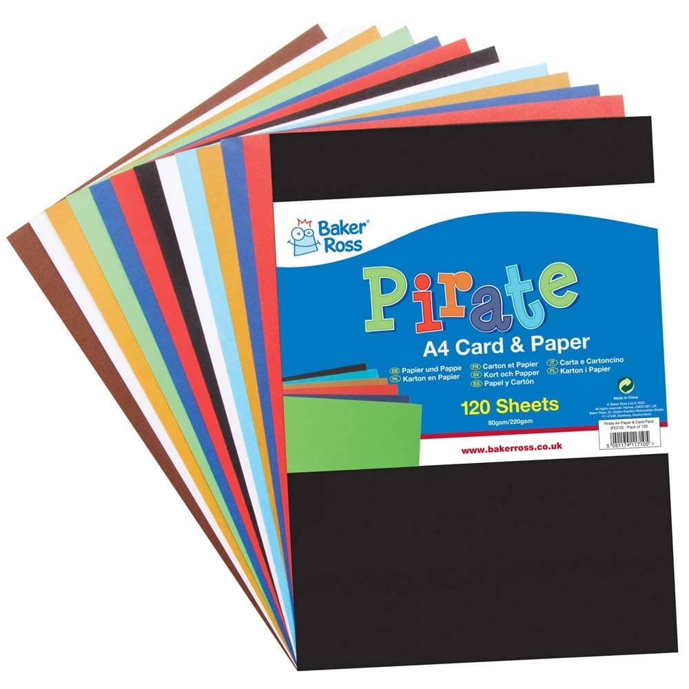 Pirate A4 Card & Paper Value Pack (Pack of 120) Paper & Card 8 assorted colours - Red, White, Black, Gold, Brown, Blue, Light Blue & Green