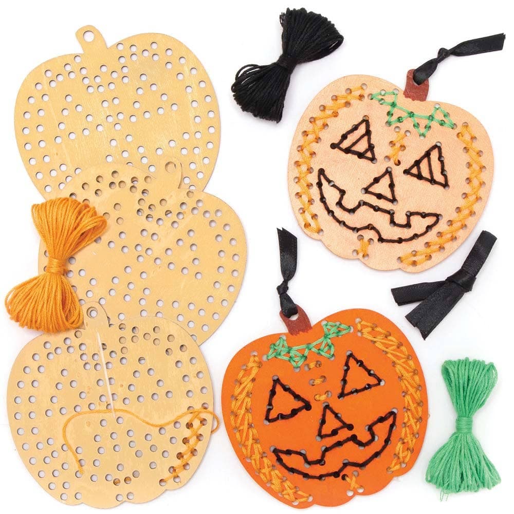 Pumpkin Wooden Cross Stitch Decoration Kits (Pack of 5) Halloween Crafts 3 embroidery thread colours - Green, Orange & Black