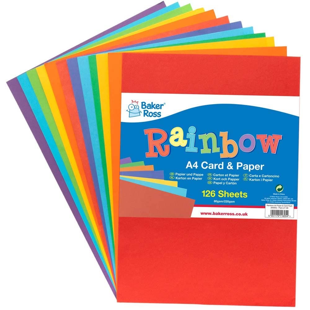 Rainbow Colours A4 Card & Paper Value Pack (Pack of 126) Paper & Card 7 assorted colours - Red, Yellow, Green, Blue, Violet, Orange & Indigo