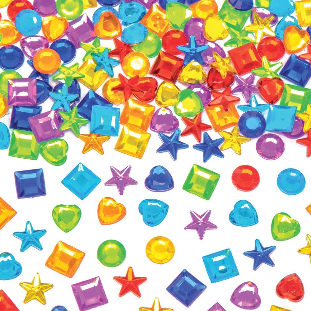 Rainbow Colours Self-Adhesive Acrylic Jewels (Pack of 200) 4 Assorted Shapes & 7 Colours, Gem Size 10mm-14mm, Arts & Crafts