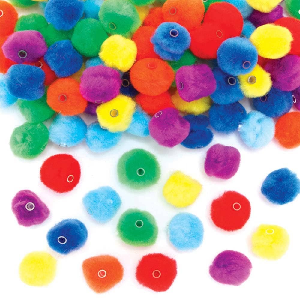 Rainbow Colours Threading Pom Pom Beads (Pack of 105) 7 Assorted Colours, Size 20mm, Craft Embellishments