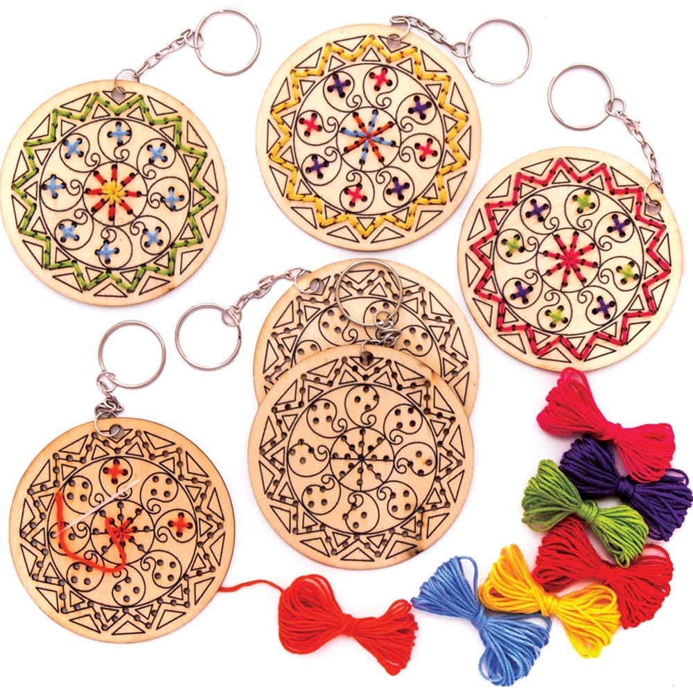 Rangoli Wooden Cross Stitch Keyring Kits (Pack of 5) Sewing & Weaving Craft Kits 7 assorted thread colours - Purple, Orange, Red, Blue, Yellow, Green & Pink